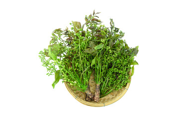 Bunch of fresh flower and leaves of Azadirachta indica (neem, margosa, or Indian lilac) , sadao in Thai, in basket isolated on white background top view flat lay stack