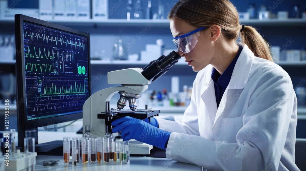 Poster A scientist examines a microscopic sample using a microscope
