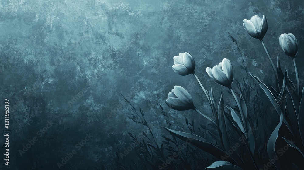 Poster elegant white tulips against a textured blue background creating a serene and calming atmosphere for
