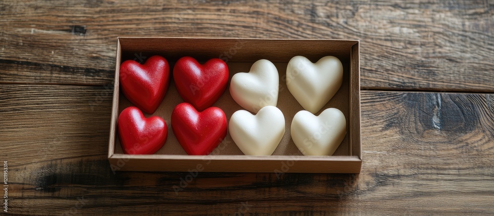 Poster beautiful red and white heart-shaped decorations arranged in a wooden box on a rustic wooden table w