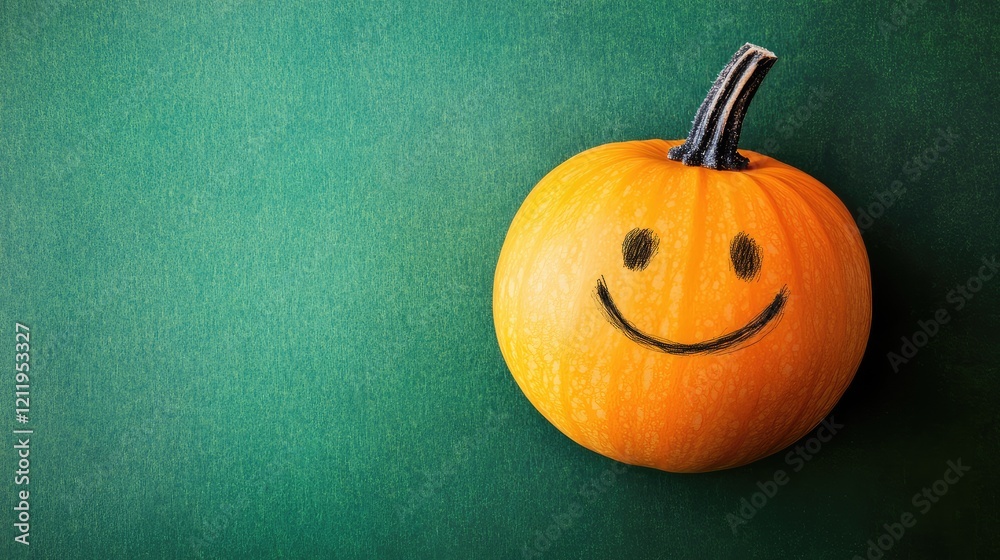 Poster cheerful pumpkin with a smile on a vibrant green background in a minimalistic style ideal for autumn