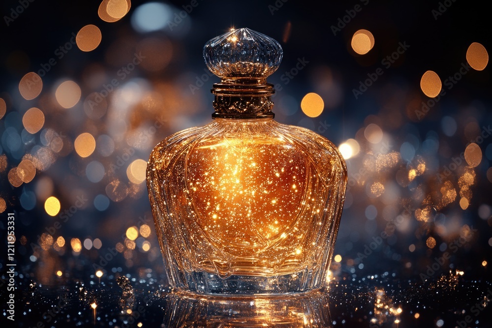 Poster a perfume bottle sits on a table, perfect for product photography or editorial use