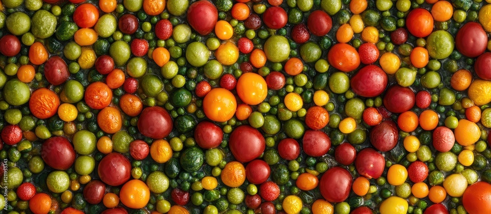 Poster vibrant top view of assorted colorful vegetables including red, green, and yellow tomatoes on a lush
