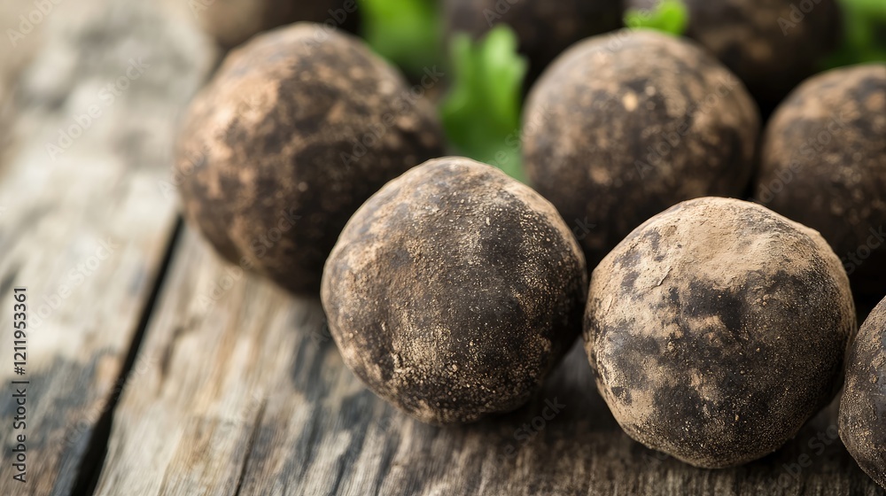 Poster fresh black truffles scattered on rustic wooden surface with natural greenery complementing the gour