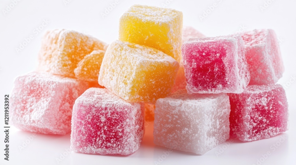 Poster colorful assorted turkish delight cubes stacked on a white background showcasing vibrant flavors and