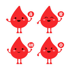 Cute red blood drop character with blood type. Set cute character happy face