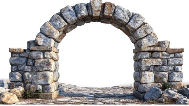 Stone archway stands prominently in a serene landscape under clear skies at sunrise isolated on transparent background - Powered by Adobe