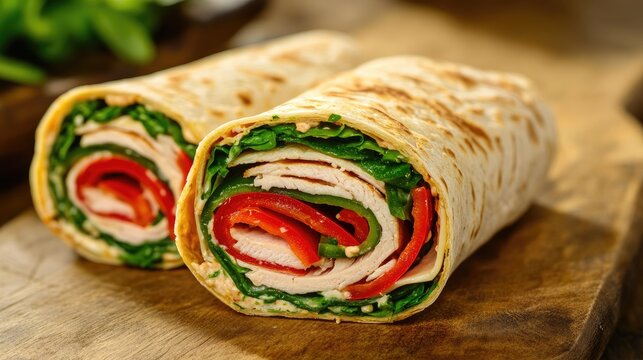 Turkey and Swiss cheese wrap sandwich with fresh red bell peppers and leafy greens on a wooden cutting board. - Powered by Adobe