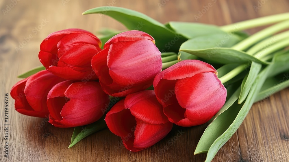 Poster red tulips elegantly arranged on a rustic wooden background creating a vibrant and warm floral compo