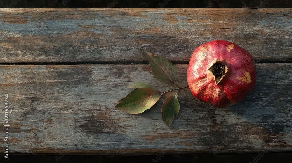 Poster Top view of a ripe red pomegranate with green leaves placed on a weathered rustic wooden table with natural lighting and textured surface