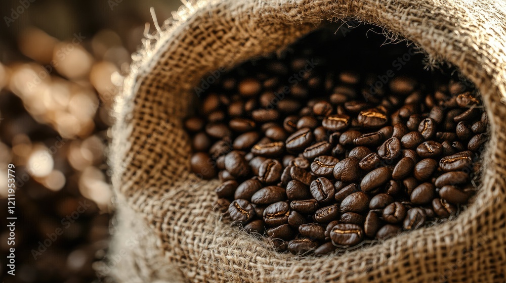 Poster turkish coffee beans in burlap sack showcasing rich aroma and texture in natural setting with blurre