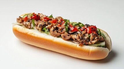 Delicious tuna sandwich loaded with fresh vegetables served on a soft bun against a clean white background