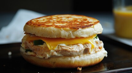 Tuna English muffin sandwich with melted cheese served on a dark plate showcasing a delicious breakfast treat.