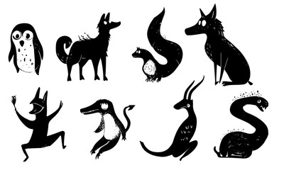 Linocut style animal monsters vector set, cute cartoon cool characters monster.
