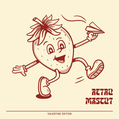 Retro mascot strawberry happy playing paper plan
