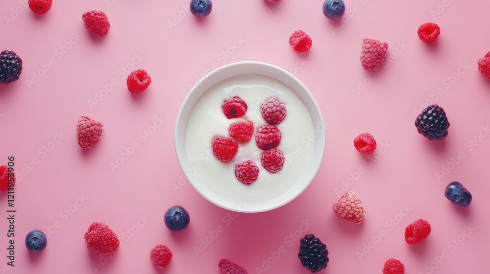 Aufkleber fresh homemade yogurt bowl with raspberries and mixed berries on soft pink background top view
