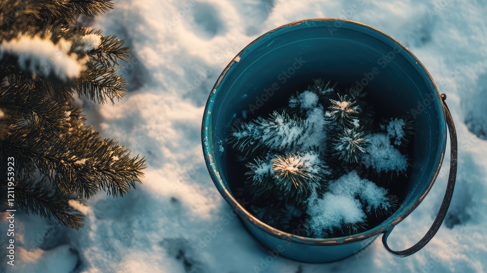 Poster Winter seasonal bucket filled with greenery and snow on a rustic brown surface, captured from a top view with a soft focus on winter elements.