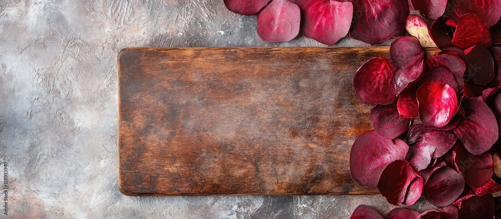 Aufkleber Top view of a rustic wooden cutting board surrounded by vibrant red beetroot slices against a textured gray countertop background with space for text