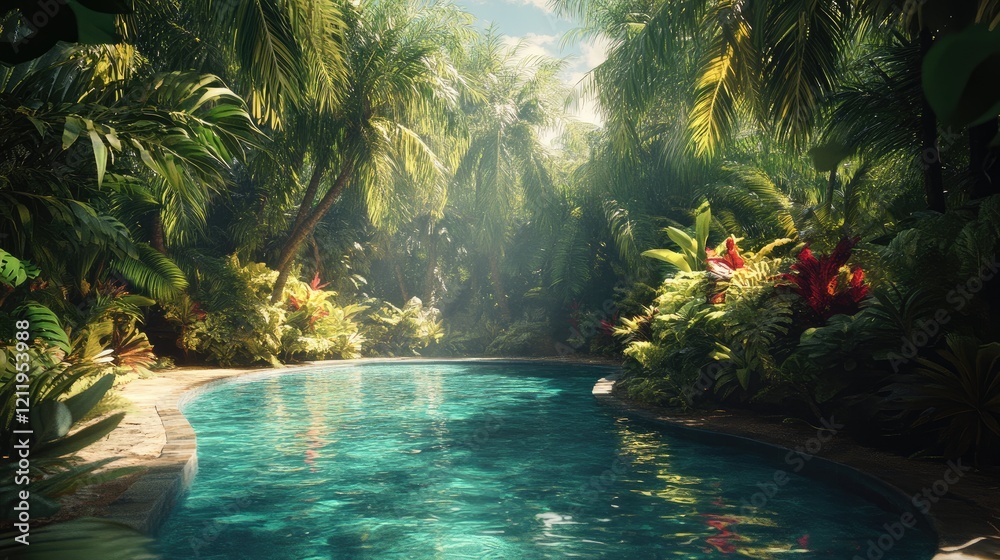 Aufkleber serene tropical oasis with lush greenery and a tranquil pool surrounded by vibrant plants and gentle