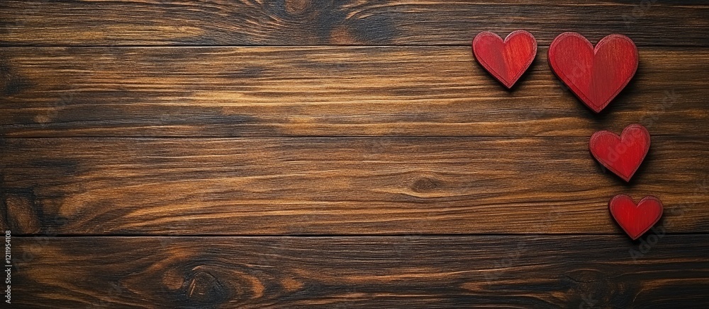 Poster Top view of rustic brown wooden board with empty space for text featuring three red heart shapes arranged on the left side