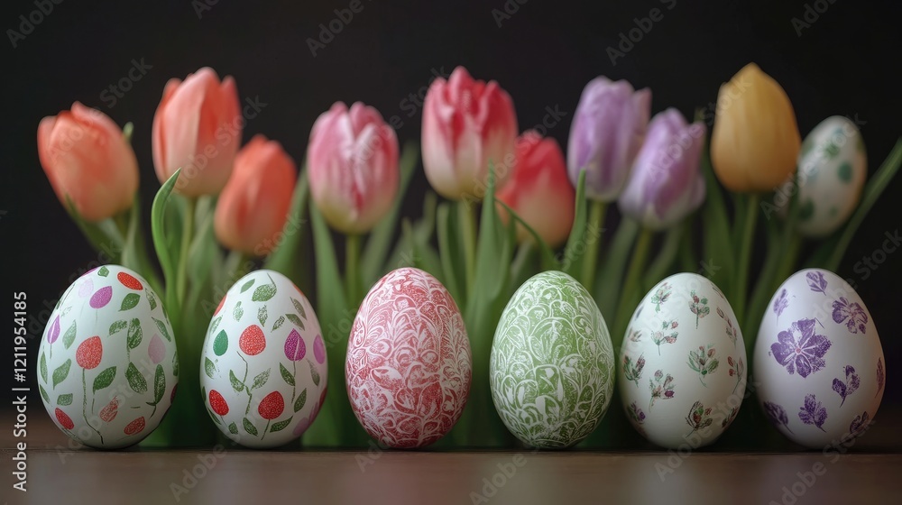 Aufkleber colorful tulips with decorative easter eggs arranged in a row set against a dark background for a vi