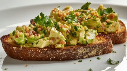 Avocado spread on toasted bread garnished with herbs and nuts on a white plate showcasing a healthy breakfast option.