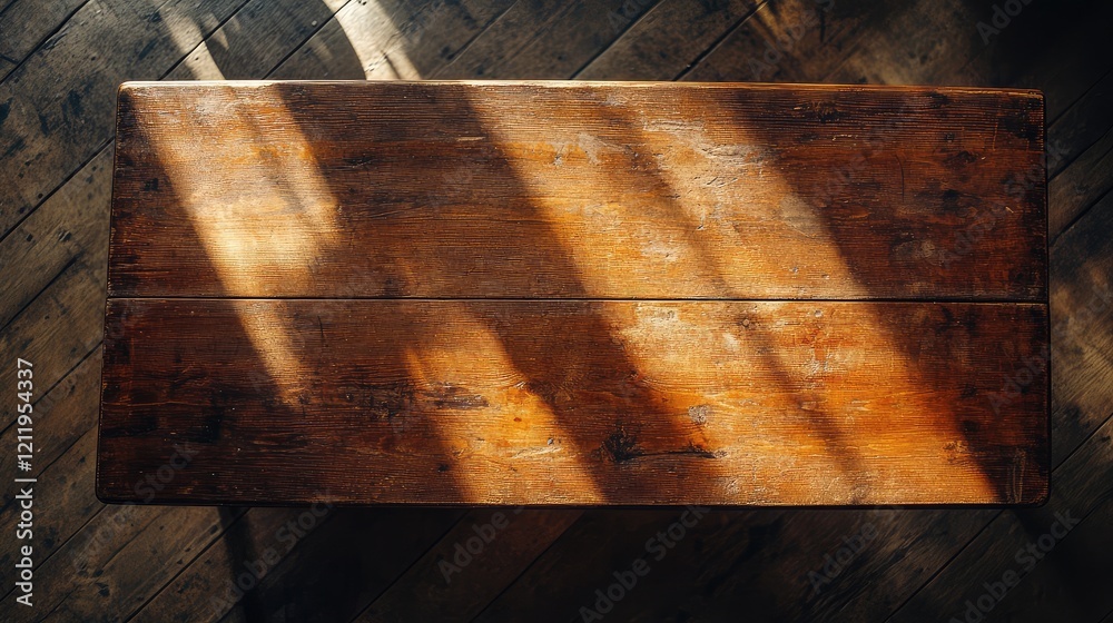 Poster vacant rustic wooden dining table bathed in warm sunlight on textured wooden floor with soft shadows