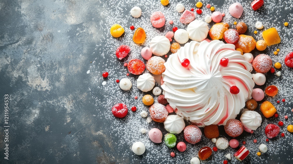 Poster aerial view of a beautifully crafted white meringue angel dessert surrounded by colorful assorted sw
