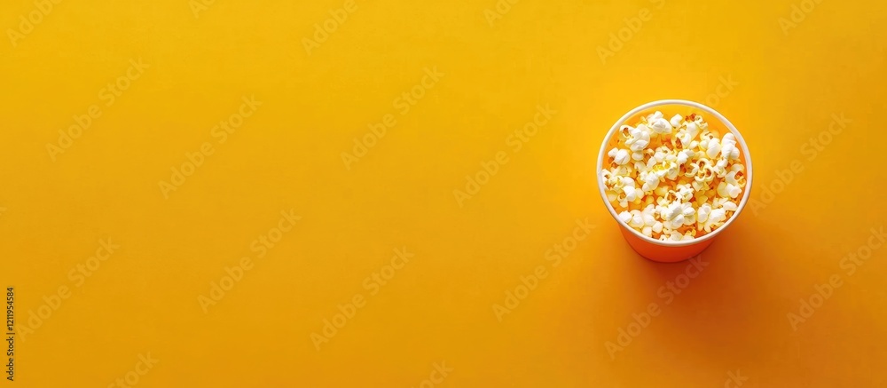 Aufkleber Small popcorn bucket in vibrant yellow setting viewed from above with ample negative space for text, ideal for food or snack-related concepts.