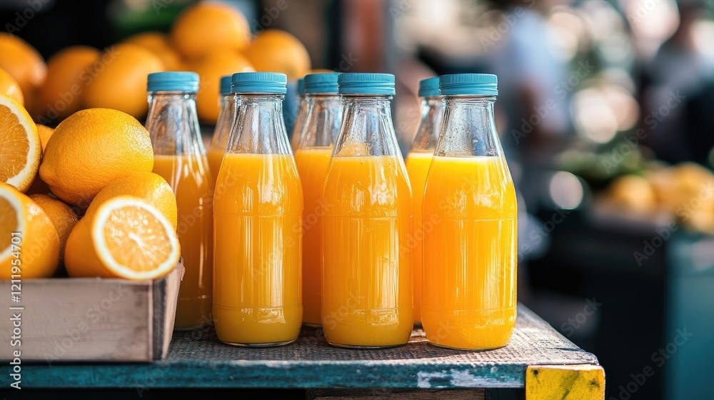 Poster freshly squeezed orange juice bottles on street stand summer refreshment small business concept with