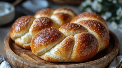 Freshly baked cinnamon sugar buns on a rustic wooden plate creating a warm and inviting breakfast scene