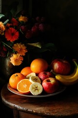 Autumnal fruit still life, dark background, flowers, wooden table, food photography