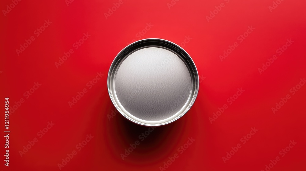 Aufkleber circular aluminum can viewed from above on vibrant red background with empty space for text, modern 