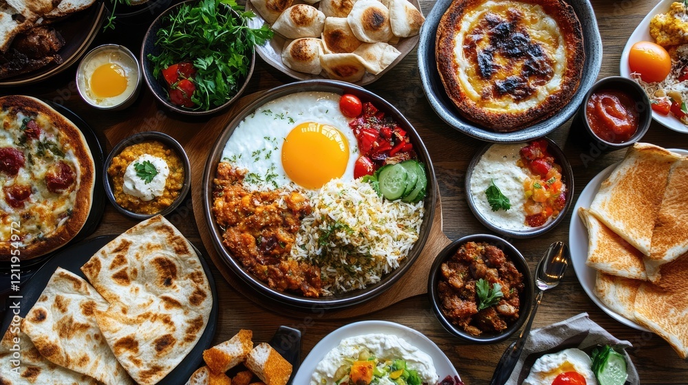 Aufkleber authentic turkish brunch spread featuring eggs bread vegetables and traditional dishes on a rustic t