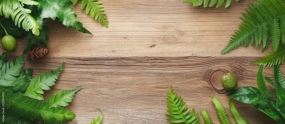 Poster top view of rustic green fern leaves framing a blank space on a natural brown wooden table backgroun