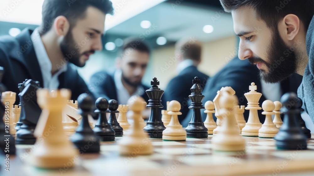 Poster group of men gathered around a chessboard, concentrating on their game