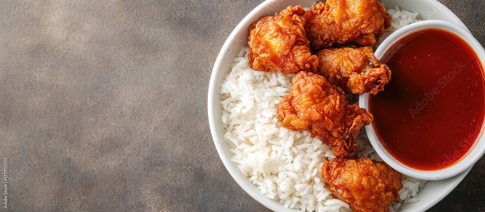 Aufkleber crispy asian fried chicken on fluffy white rice with rich gravy sauce in a white bowl against a text