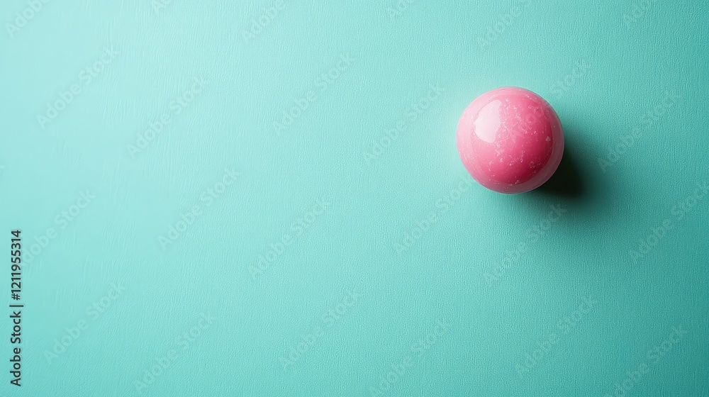 Poster vibrant pink chewing gum ball positioned off-center on a mint green background with ample space for 