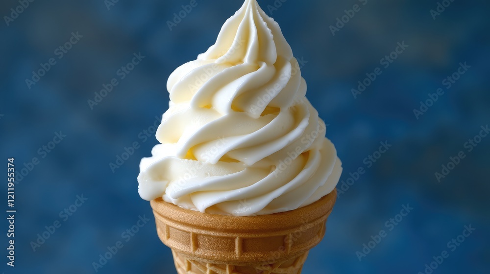 Poster Decorative Vanilla Ice Cream Cone with Swirls on Light Blue Background Showcasing Textures and Color Contrast in a Culinary Delight Setting