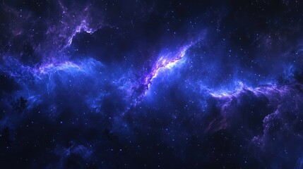 Vibrant blue and purple nebula swirling in a majestic night sky with silhouettes of trees, evoking a sense of endless space and cosmic wonder.
