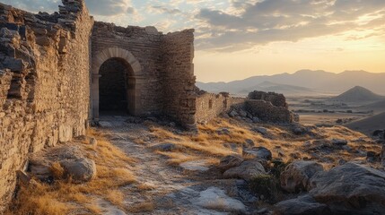 Ancient fortification ruins at sunset showcasing weathered stone walls and scenic mountainous landscape in the background