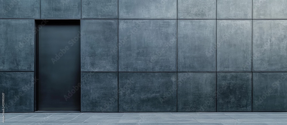 Leinwandbilder Close-up aerial view of textured dark gray concrete wall with empty space for text, featuring a minimalist door on the left side, modern architecture design.