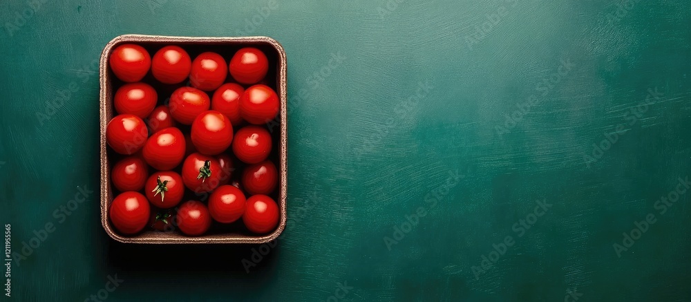 Aufkleber Vibrant red cherry tomatoes arranged in a grid container against a rich dark green background with ample negative space for text insertion.