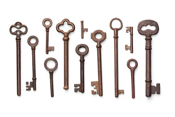 Collection of different old vintage keys isolated on white background