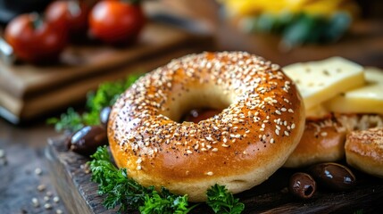 Turkish Bagel with Cheese Olives and Tomatoes on a Wooden Board Surrounded by Fresh Ingredients