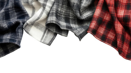 Various colorful plaid fabrics arranged stylishly on a white surface for textile design inspirations isolated on transparent background