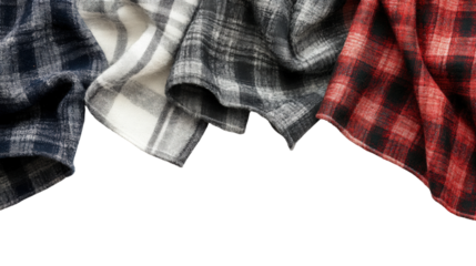 Various colorful plaid fabrics arranged stylishly on a white surface for textile design inspirations isolated on transparent background