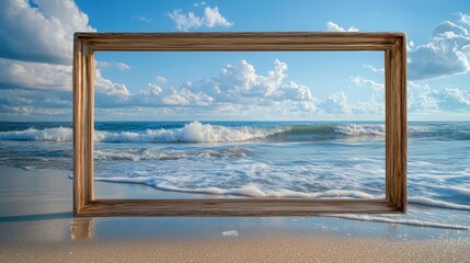 Serene beach landscape framed by wooden picture frame showcasing waves and clouds under a clear blue sky on sandy shore