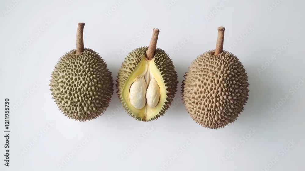 Poster durian tropical fruit whole and sliced showing its unique flesh and seeds on a white background