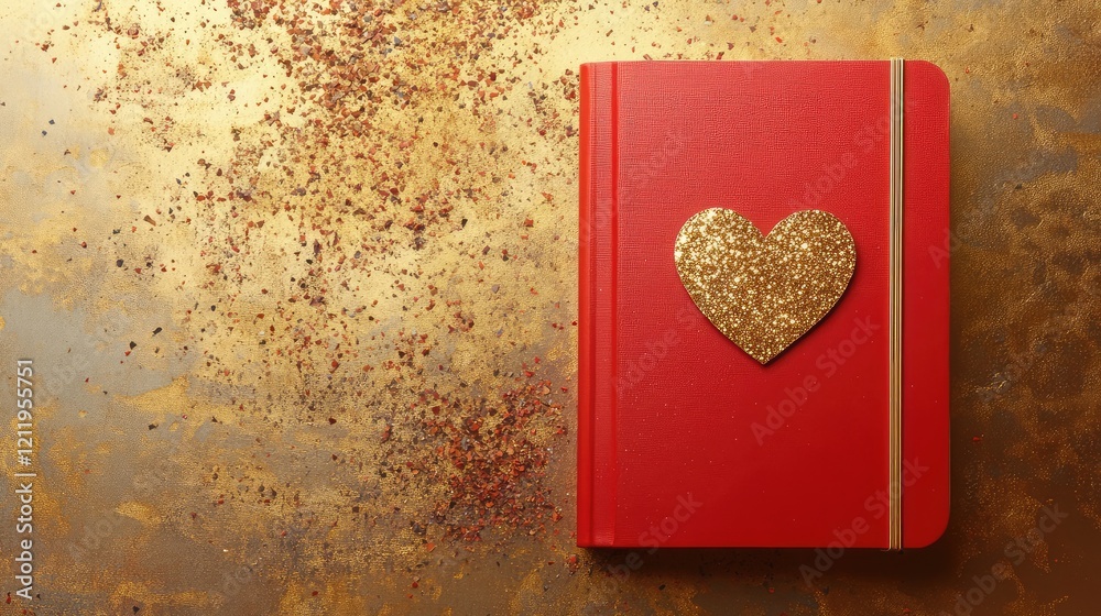 Poster Elegant flat lay of a vibrant red notebook adorned with a sparkling golden heart on a luxurious shimmering gold backdrop with glitter particles.